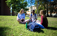 Three students sitting on grass